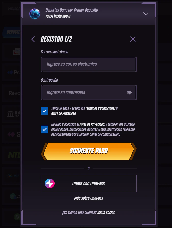 Winrolla Casino formulario de registro e inicio de sesión