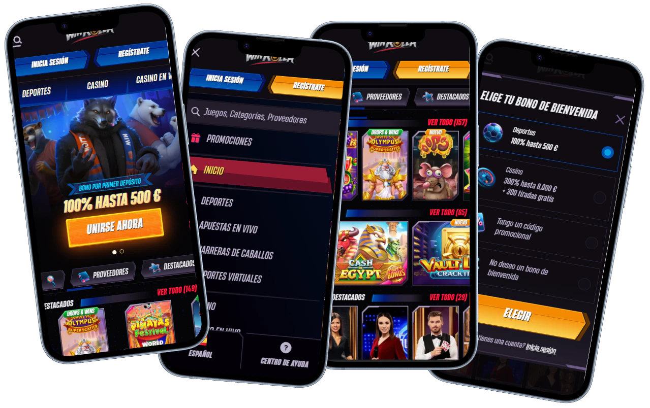Winrolla Casino versión móvil con registro, juegos y bono de bienvenida